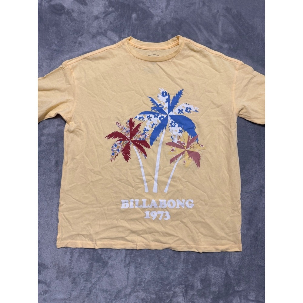 Billabong Graphic Tee Women XS Yellow Palm Tree Floral 1973 Oversized Shirt